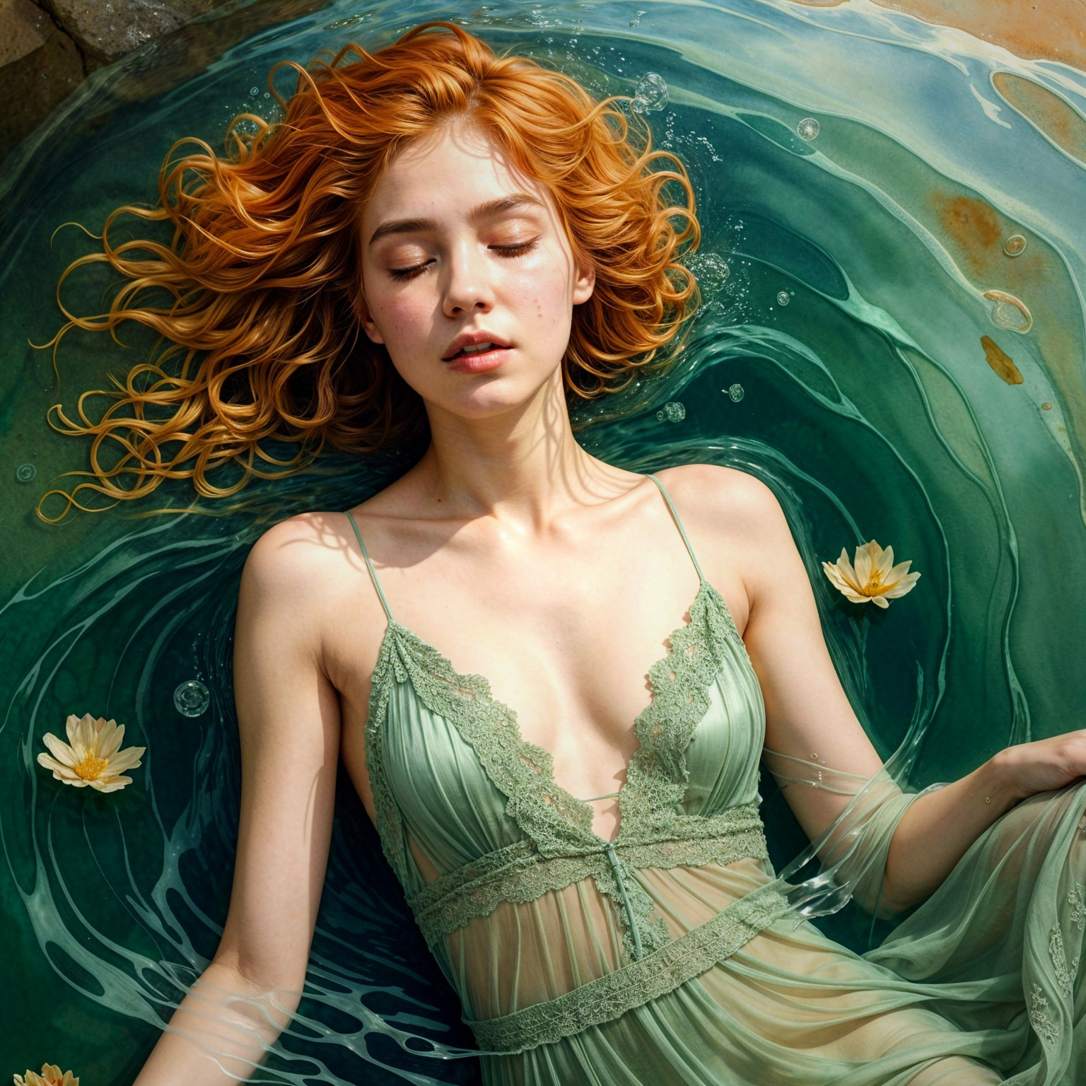 Serene figure in tranquil water with flowing fabric