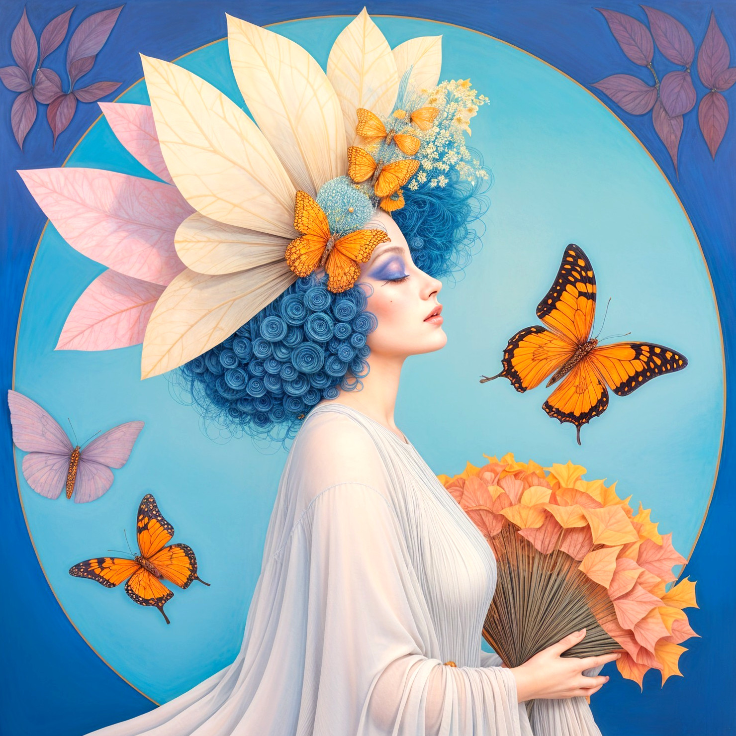 Serene Woman with Blue Hair and Floral Accents