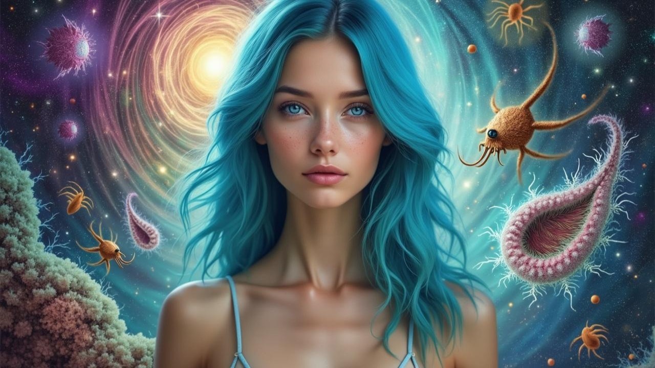 Young Woman with Blue Hair Against Cosmic Backdrop