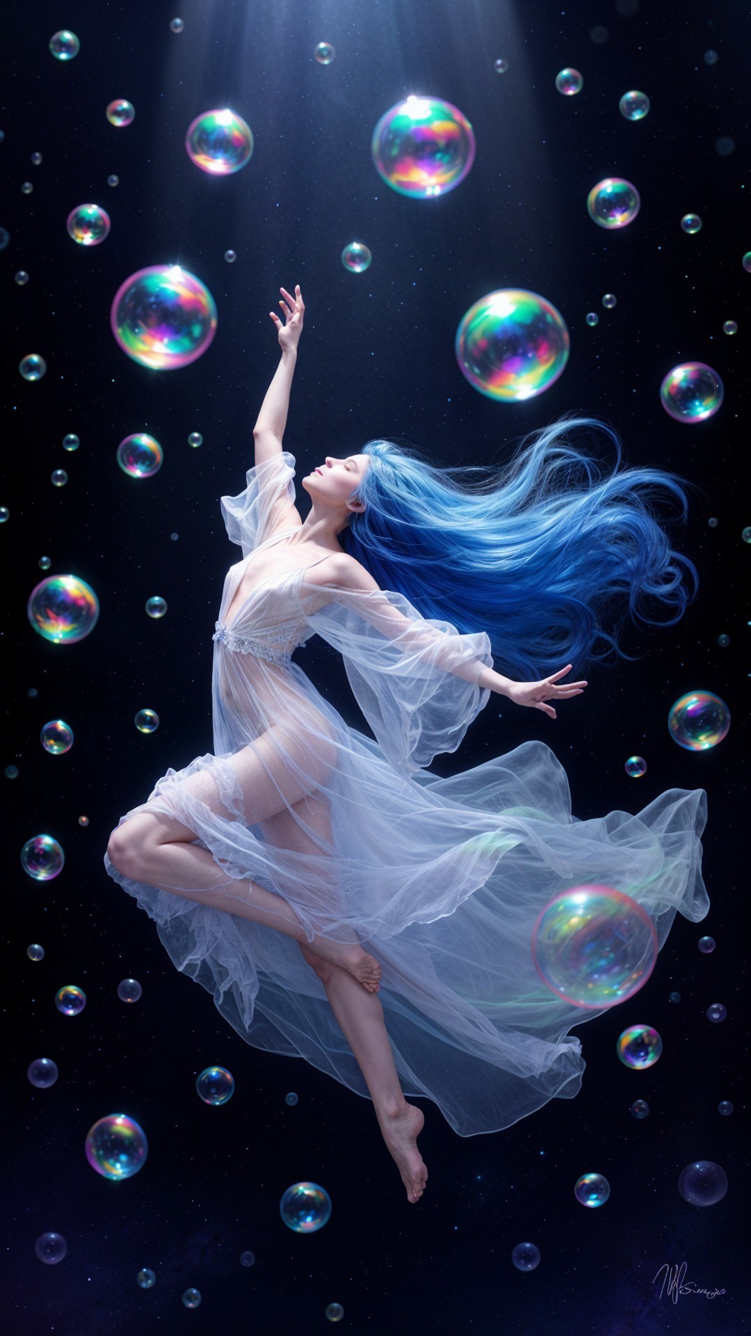 Ethereal figure with blue hair in dark space