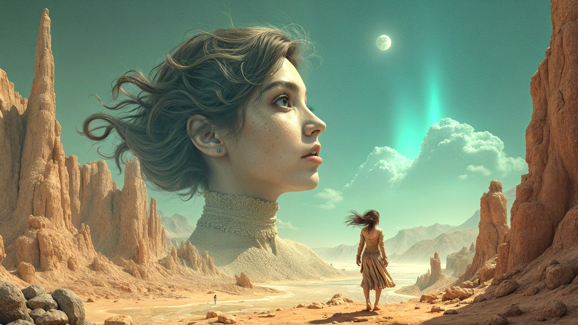 Surreal Landscape with Colossal Woman's Face and Moons
