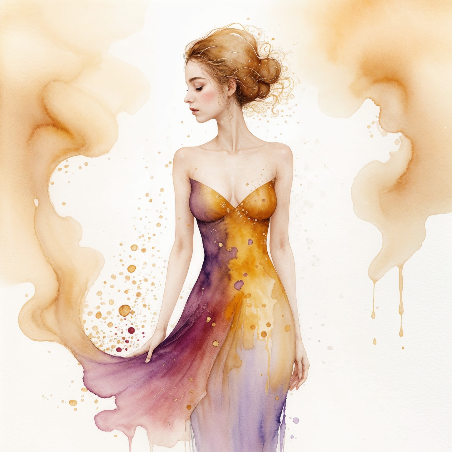 Elegant Figure in Flowing Purple to Gold Dress