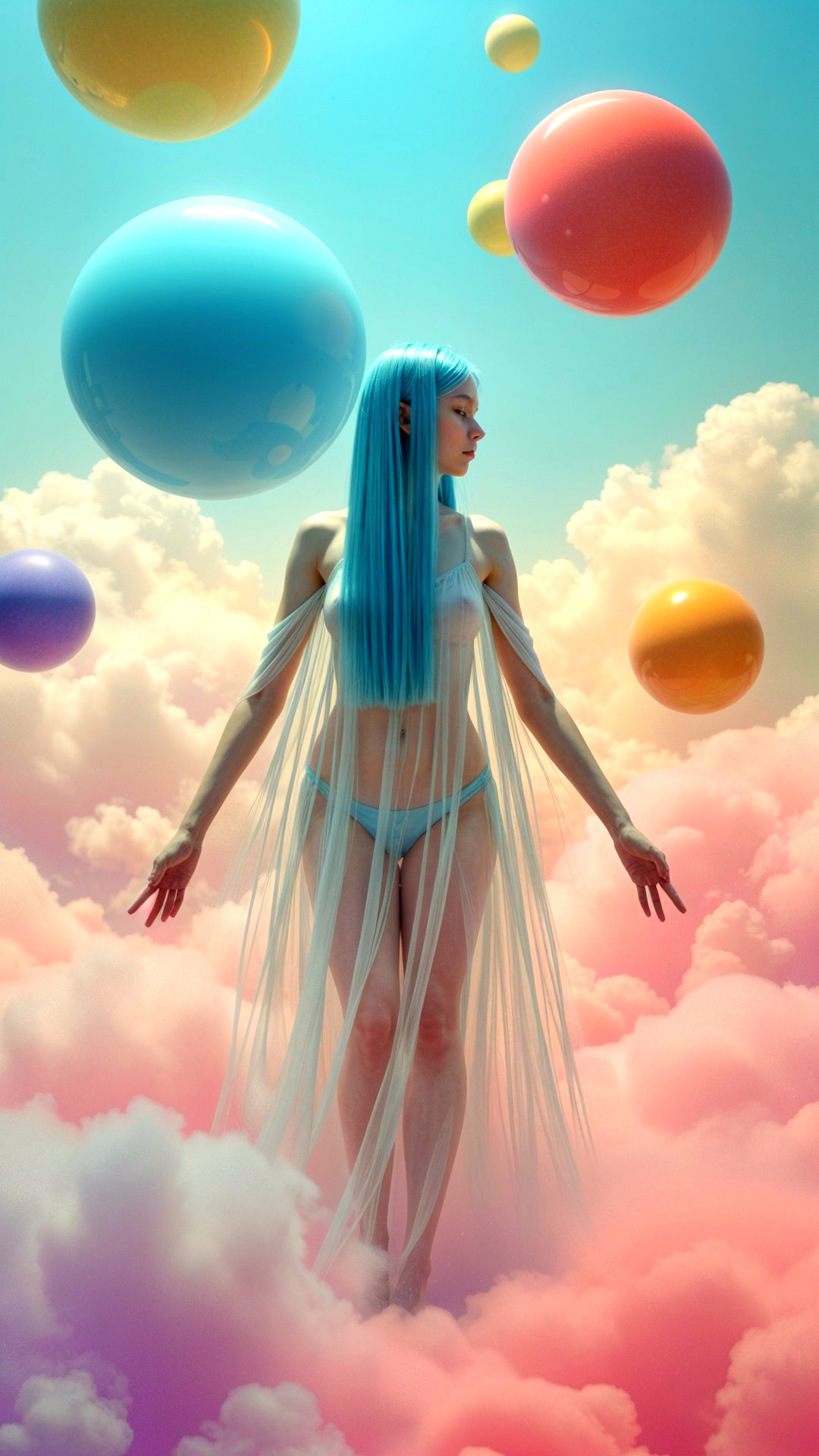 Serene figure in dreamlike landscape with colorful orbs