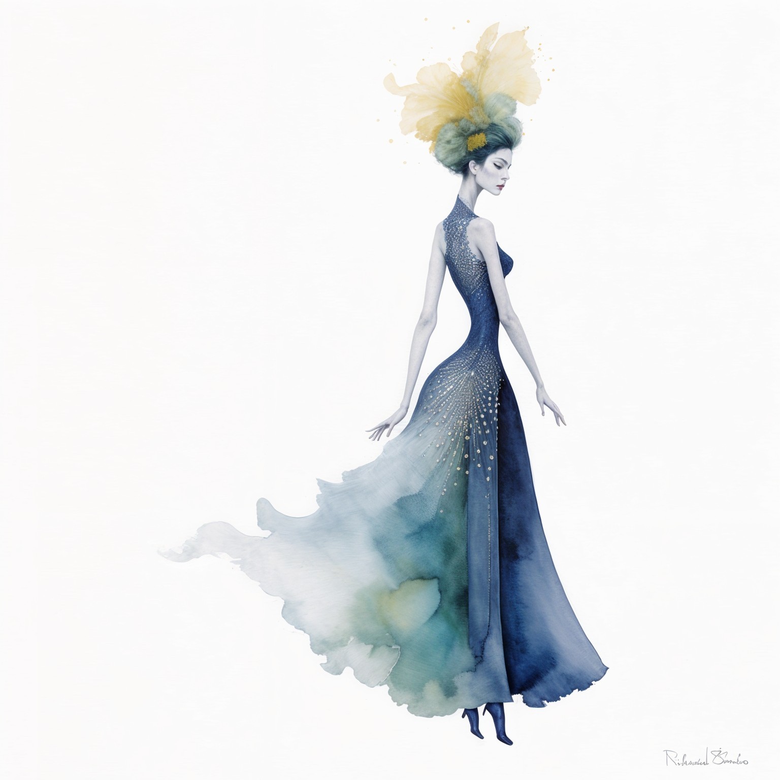 Elegant Figure in Flowing Blue Gown with Flowers