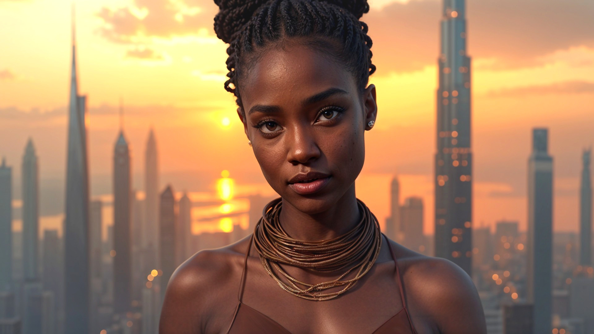 Woman in layered necklaces against sunset skyline
