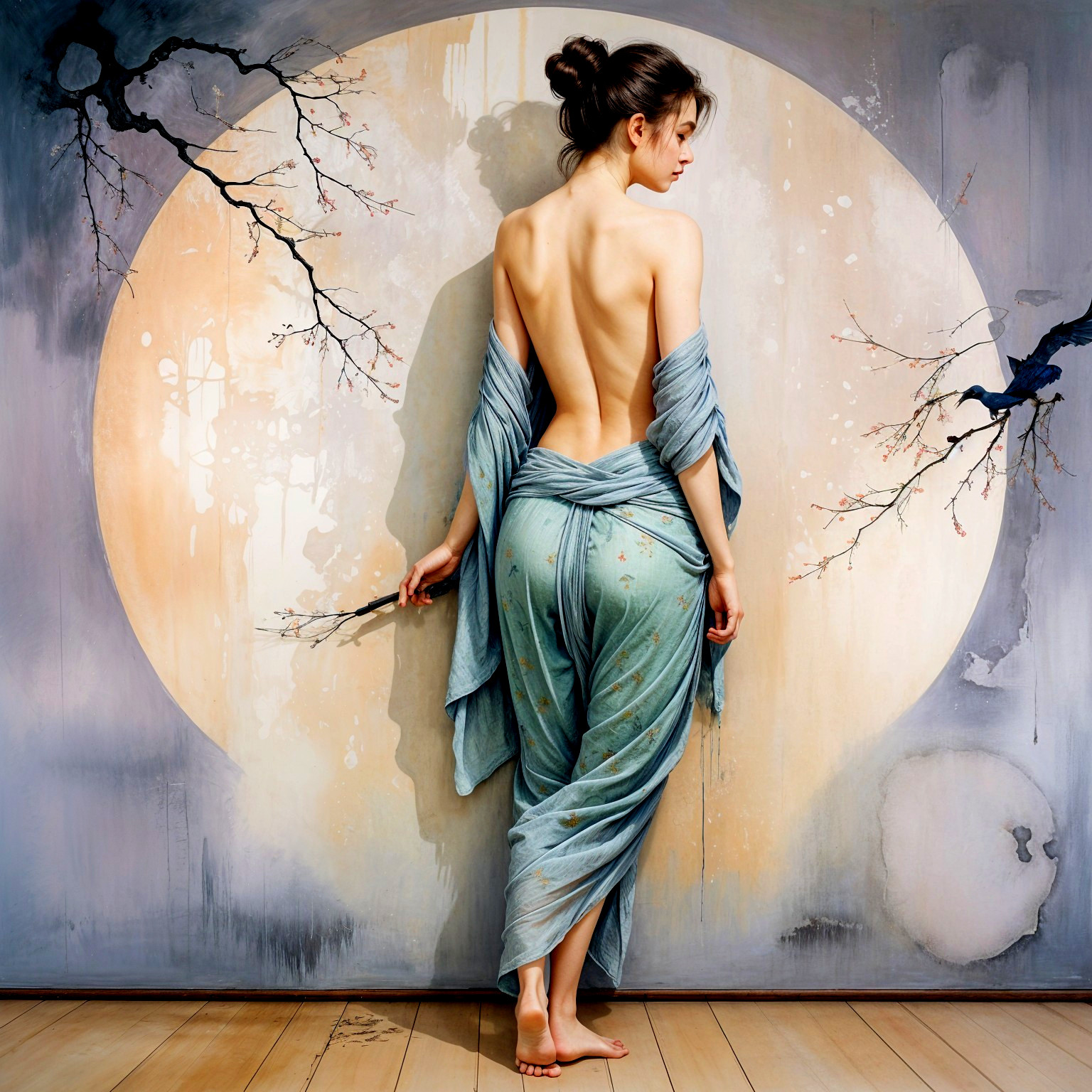 Woman in Ethereal Garment Against Luminous Moon