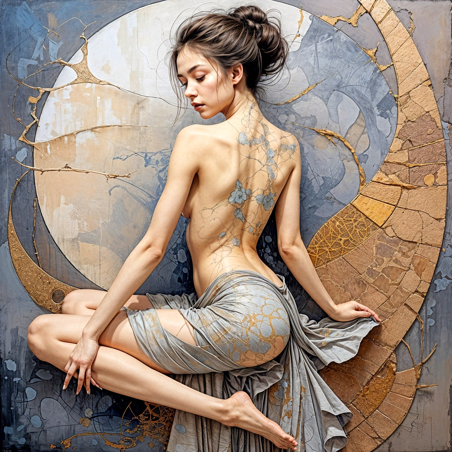 Serene Figure with Floral Tattoos Against Textured Background