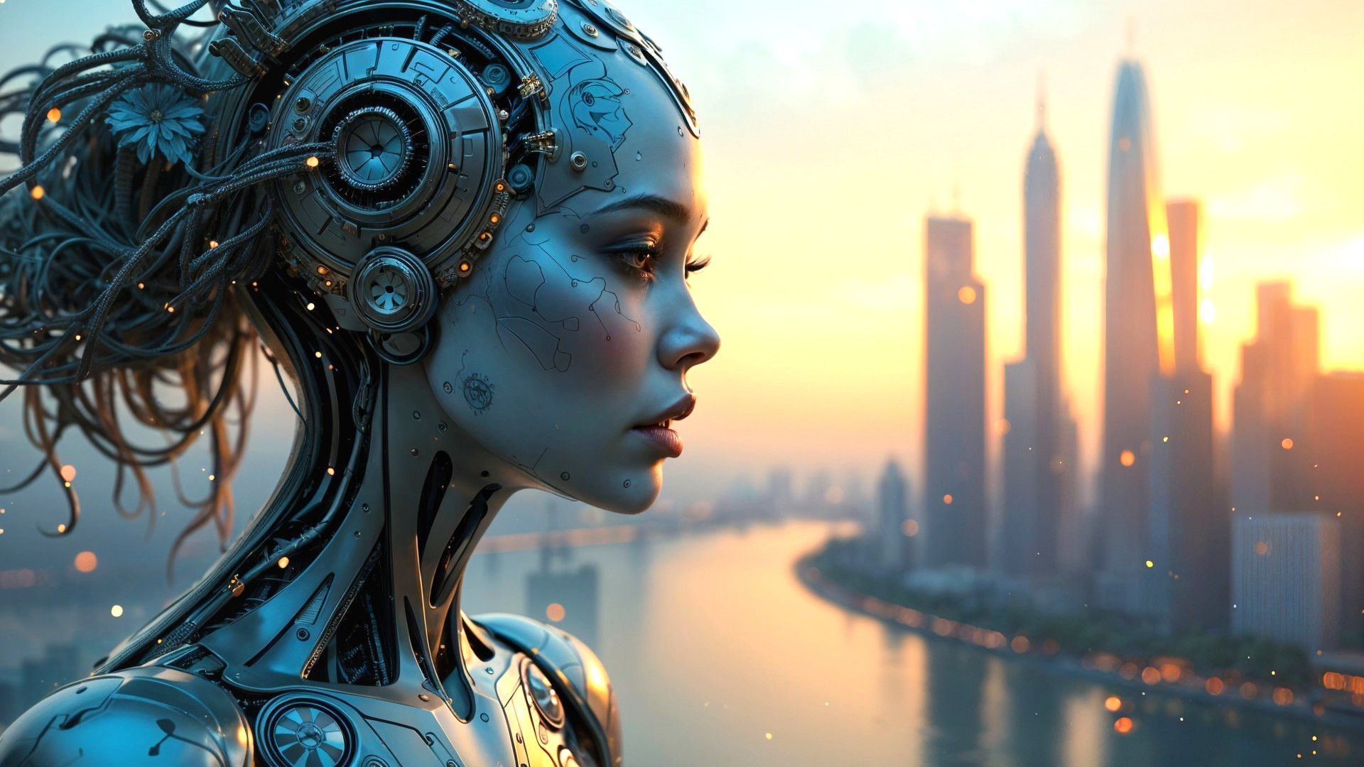 Futuristic Female Android Against Sunset Skyline