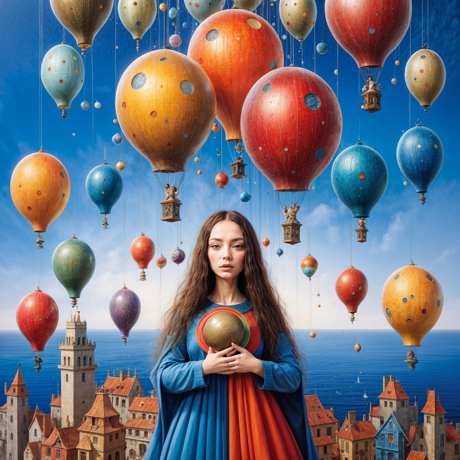 Young woman with golden orb and colorful balloons