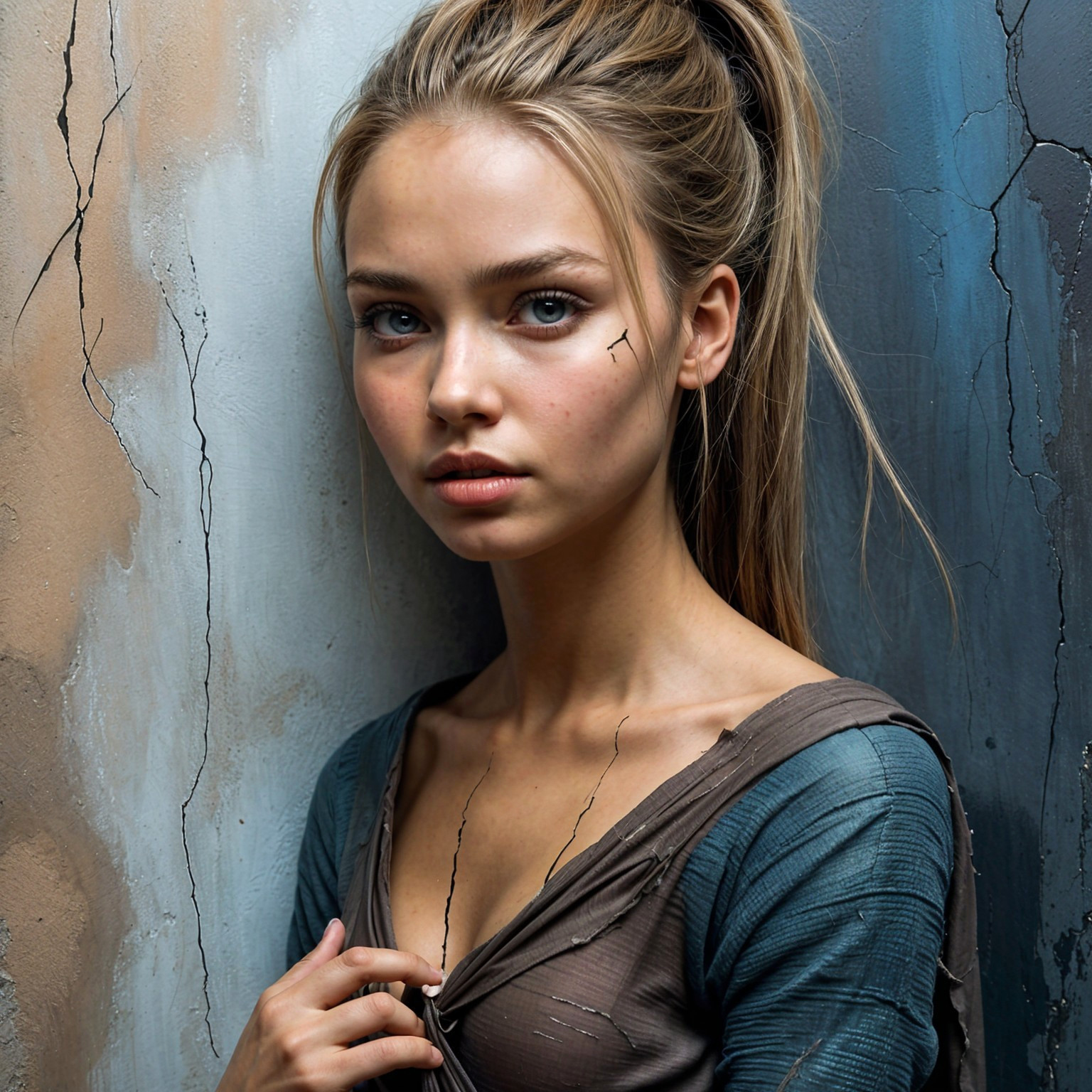 Young woman with long hair against textured wall