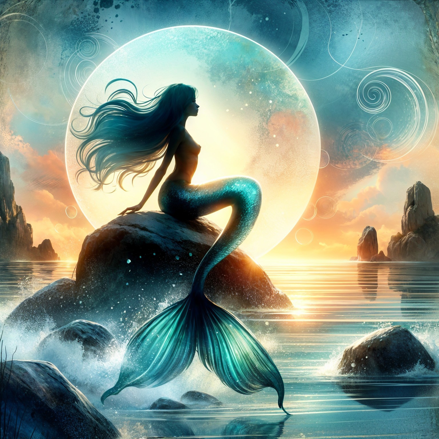 Mystical Mermaid on Rocky Outcrop by Moonlit Sea