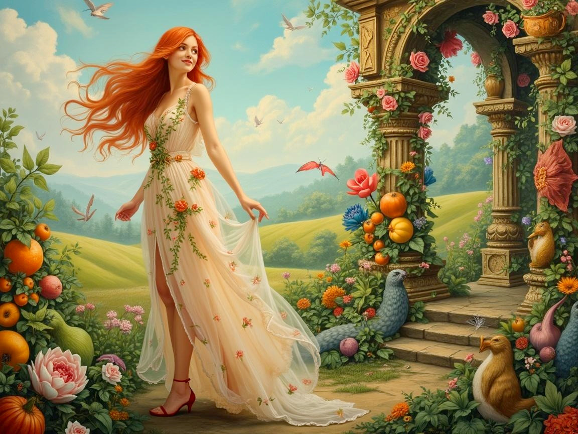 Vibrant Scene of Woman in Floral Gown by Archway