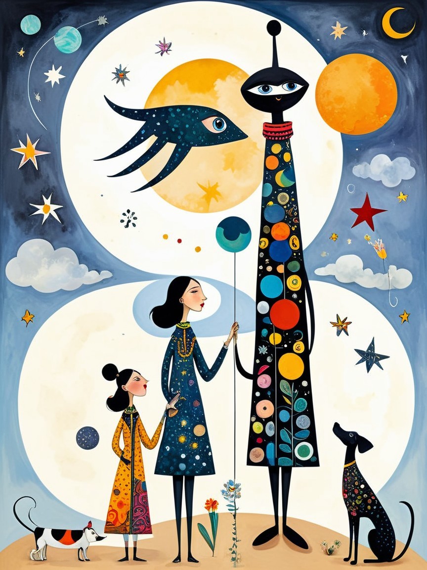 Whimsical Scene with Abstract Figure and Celestial Themes