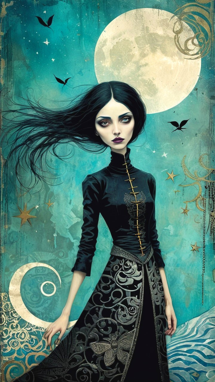 Ethereal Figure in Black Gown Against Blue Night Sky