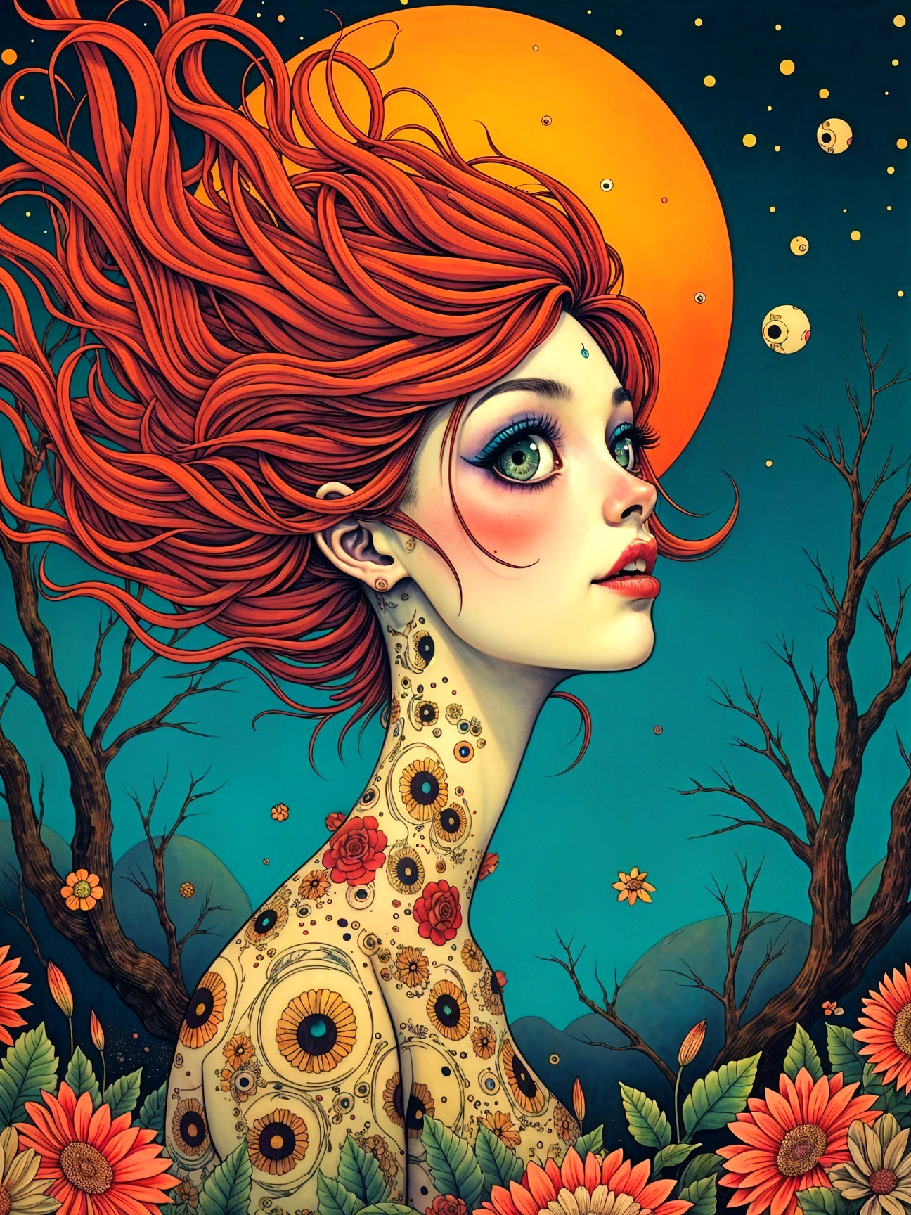 Surreal Portrait of a Woman with Red Hair and Sunflowers