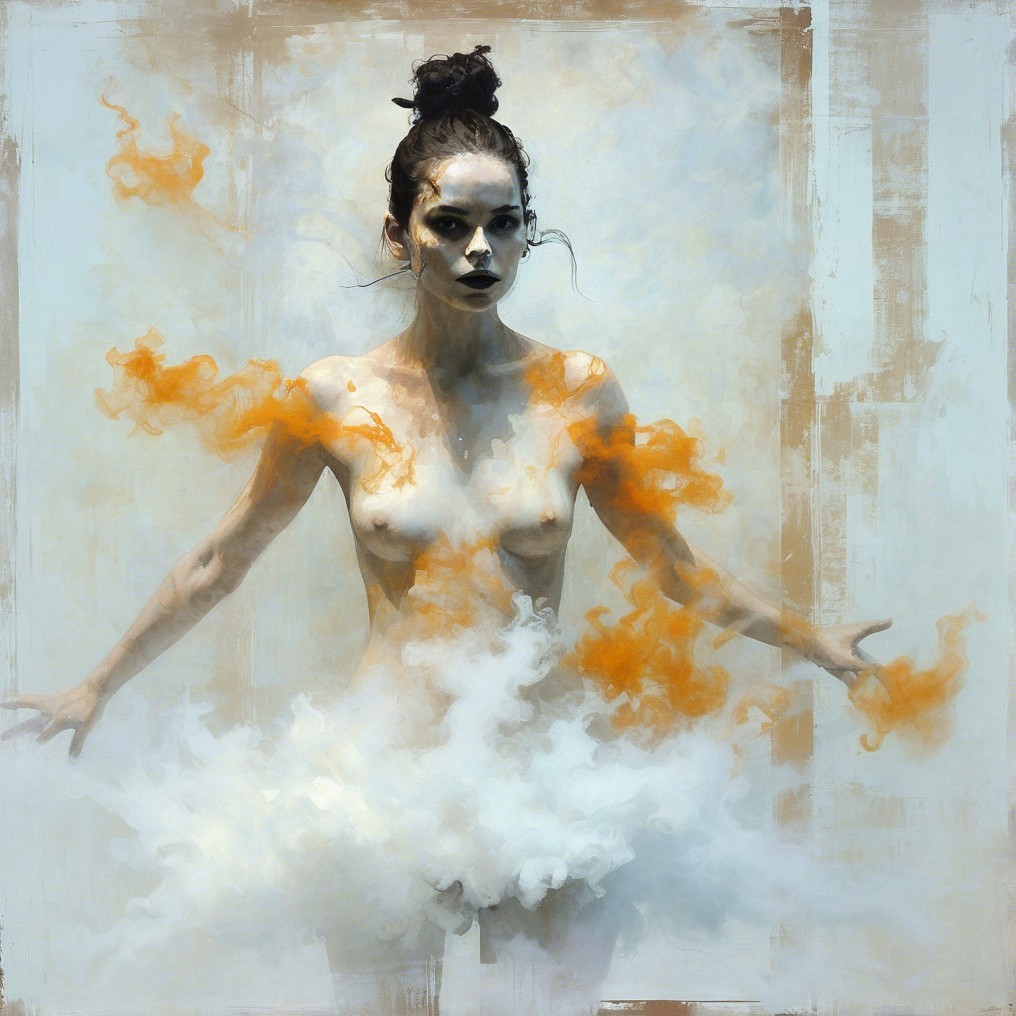 Ethereal Woman Surrounded by Swirling Clouds