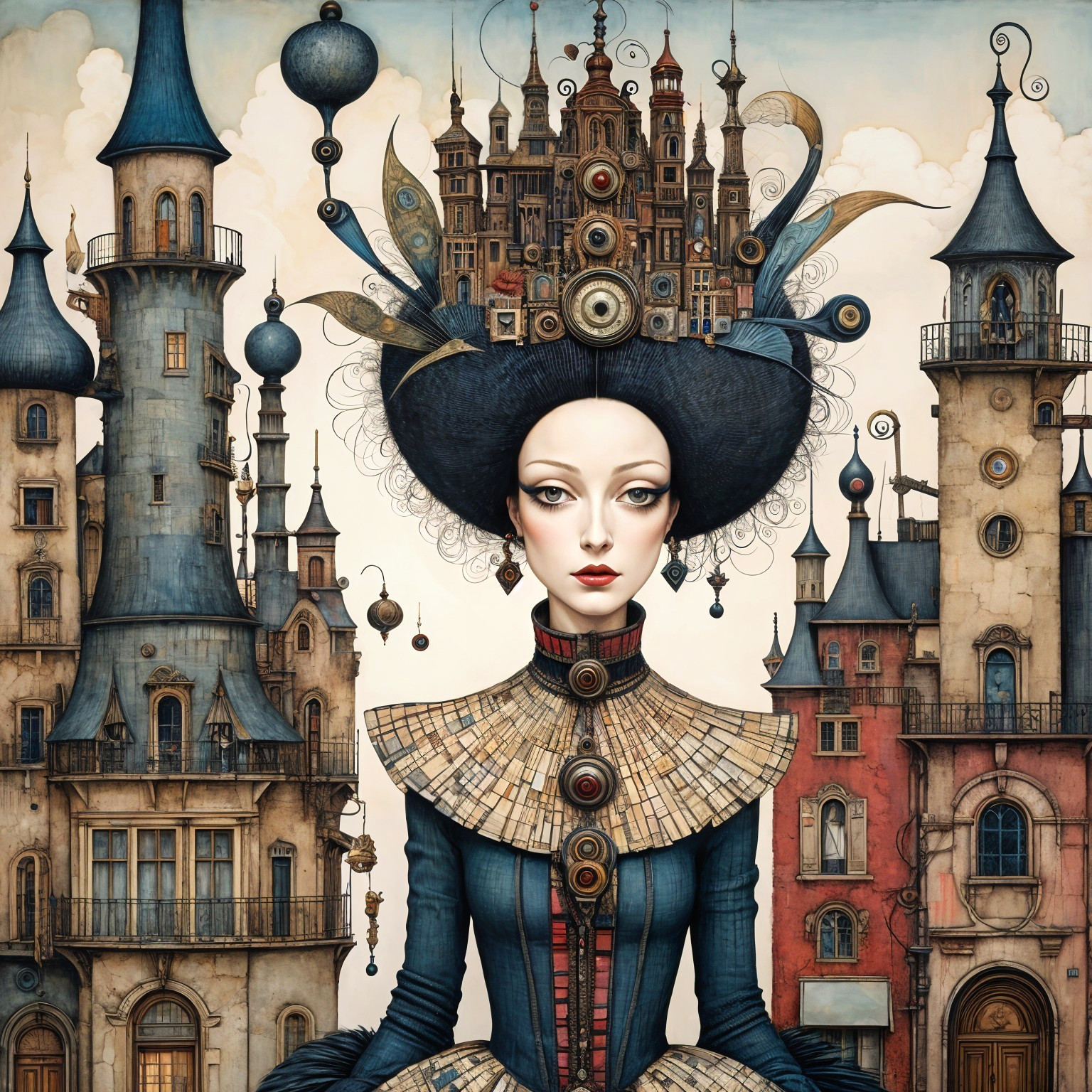Surreal Woman in Elaborate Hairstyle and Dress