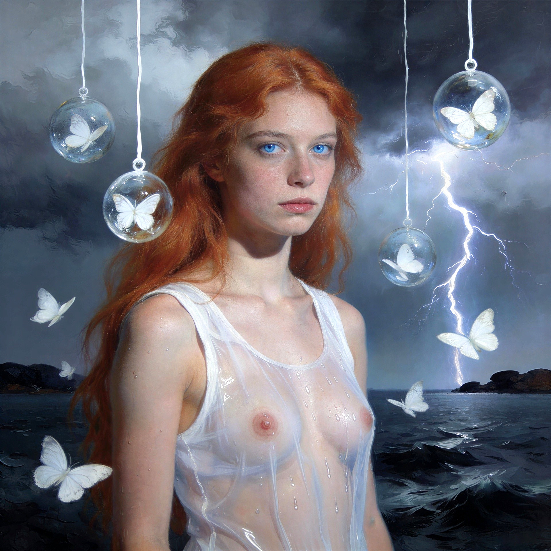 Young Woman in Rain Surrounded by Butterflies and Storm
