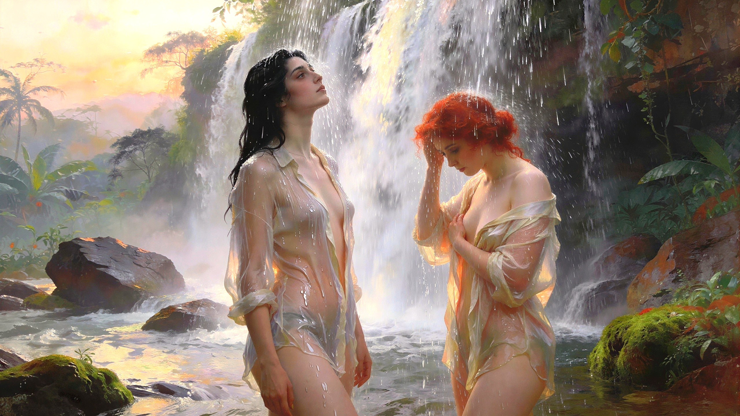 Women in Sheer Shirts at Waterfall in Jungle Setting