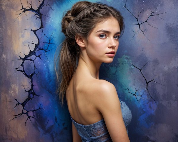 Young Woman in Off-Shoulder Dress with Abstract Background