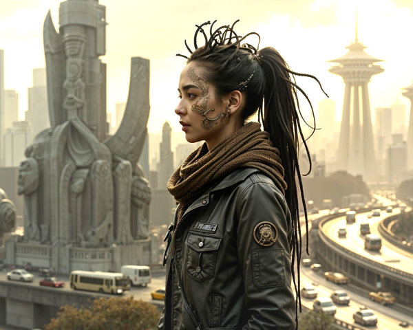 Futuristic Cityscape with Young Woman and Tattoos