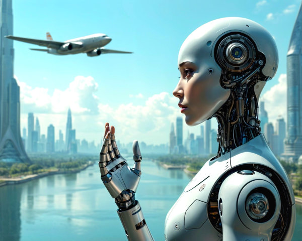 Futuristic Cityscape with Humanoid Robot and Skyscrapers