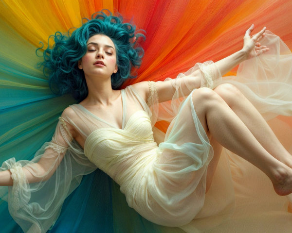 Serene Figure Against Vibrant Flowing Colors