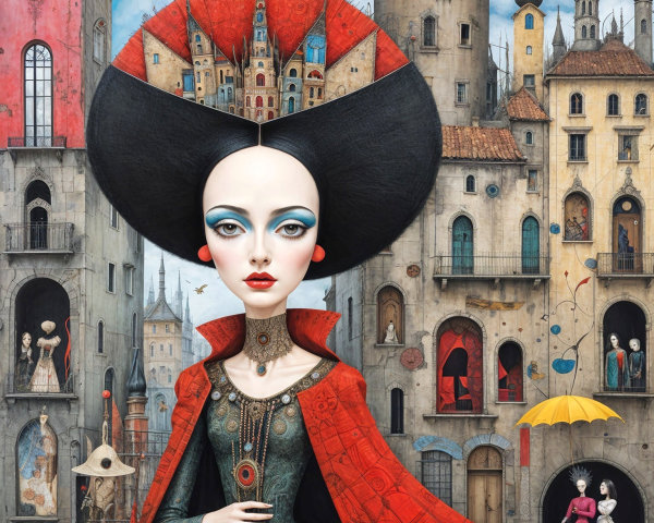Stylized Figure in Red Cloak Amidst Fantastical City