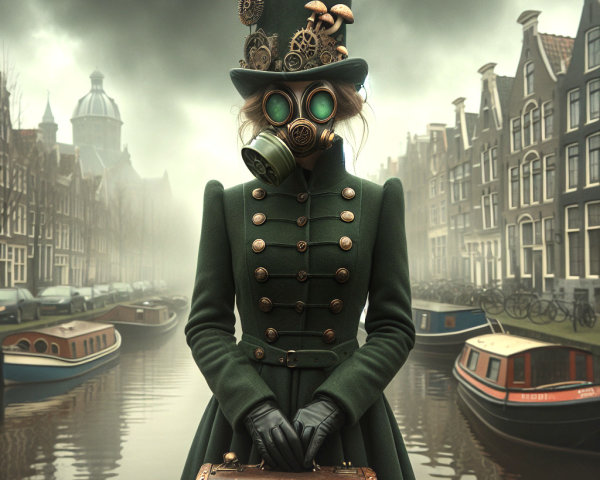 Steampunk Figure by Canal in Foggy Atmosphere