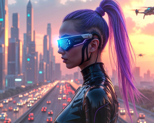 Futuristic city skyline with cyberpunk elements at sunset