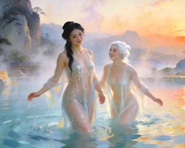 Women in Sheer Robes by Calm Water at Sunset