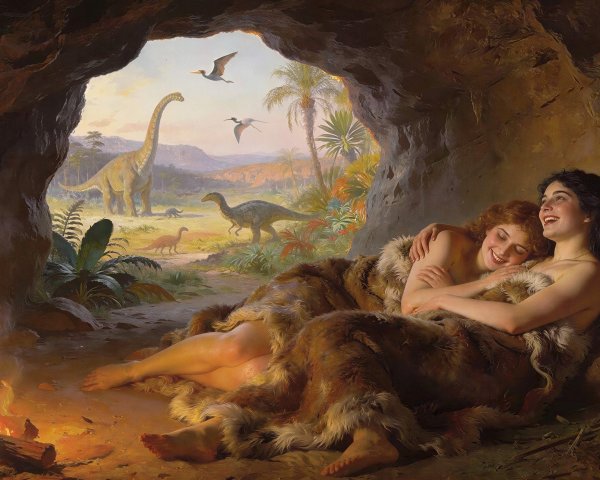 Young Women in Cave with Dinosaurs and Mountains
