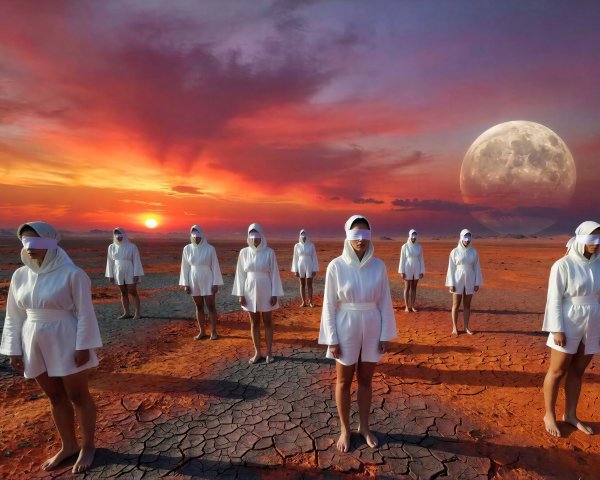 Figures in White Jumpsuits on Arid Sunset Landscape