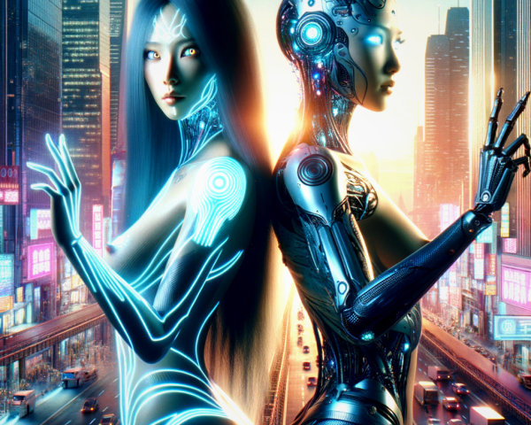 Futuristic Cityscape with Human and Robot Figures