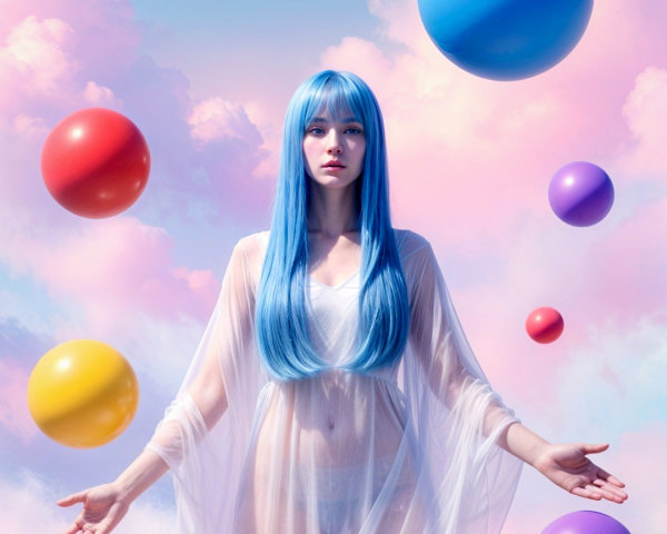 Surreal Figure in Dreamy Pastel Cloud Landscape