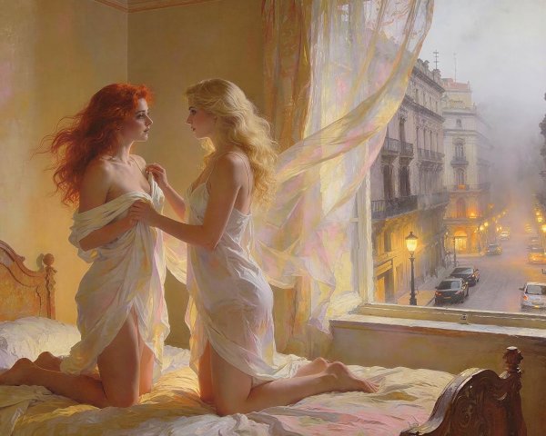 Two Women in White Wraps Admiring Each Other at Night
