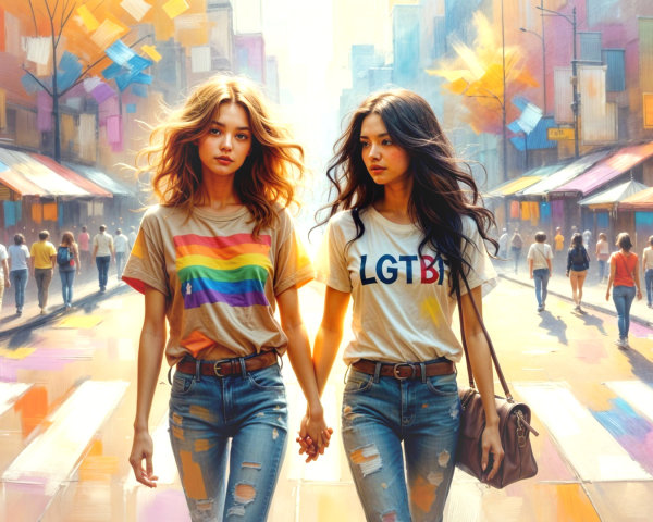 Young Women in Colorful Street Celebrating Unity
