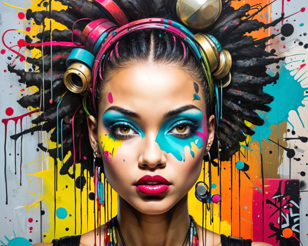 Portrait of a Woman with Vibrant Makeup and Mural