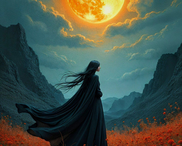 Mysterious Figure in Vibrant Flower Field at Night