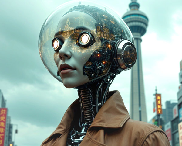 Futuristic Robot Figure in Urban Neon Setting