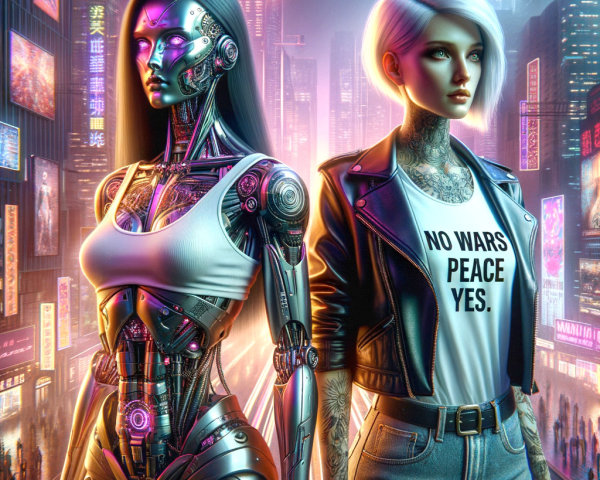 Humanoid Robot and Stylish Woman in Cyberpunk Cityscape