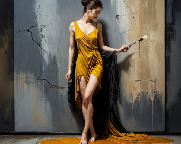 Woman in yellow dress with paintbrush and vibrant backdrop