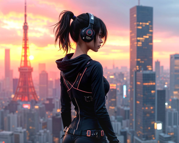 Silhouette of Woman with Headphones Against City Skyline