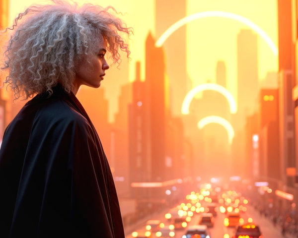 Silhouette in Vibrant Cityscape at Sunset