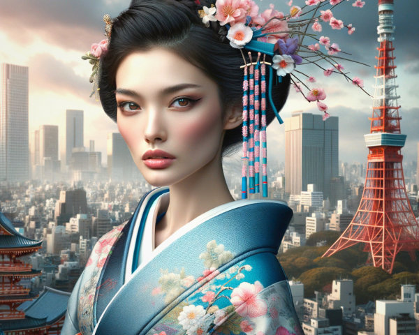 Woman in Kimono with Cityscape Background