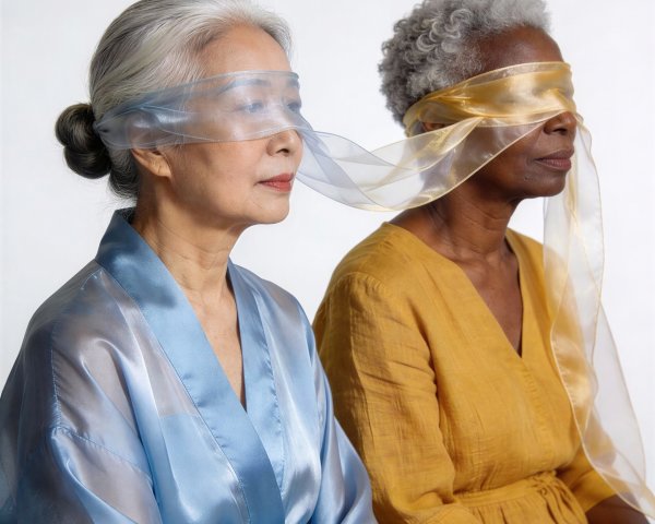 Elderly Women in Blindfolds Against White Background