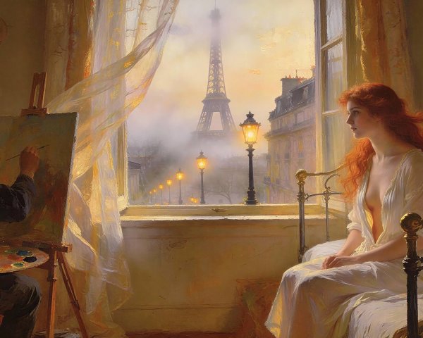 Oil Painting of Artist and Red-Haired Woman in Paris
