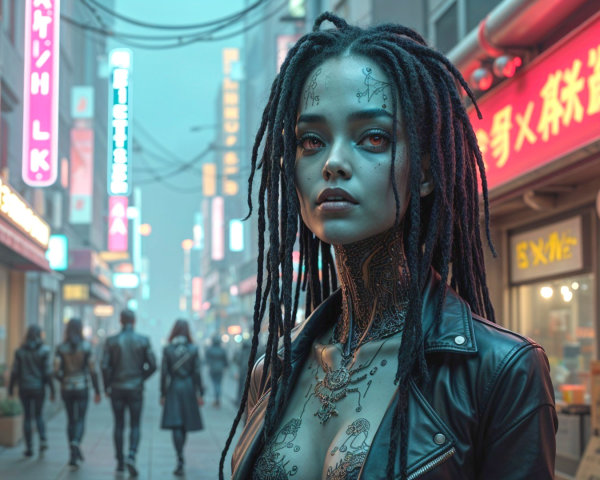 Futuristic Urban Scene with Neon Lights and Tattoos