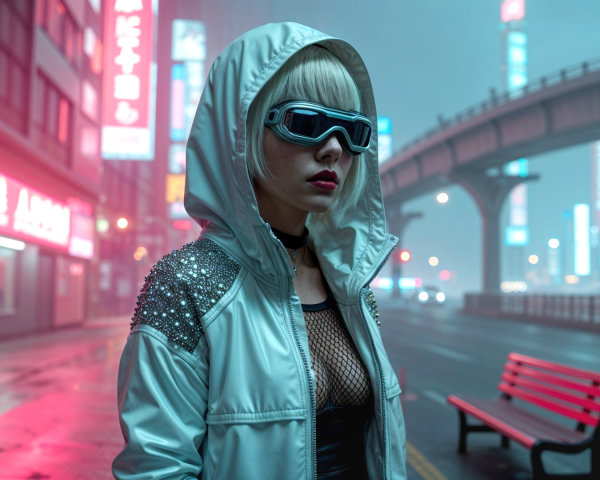 Futuristic cityscape with mist and neon lights
