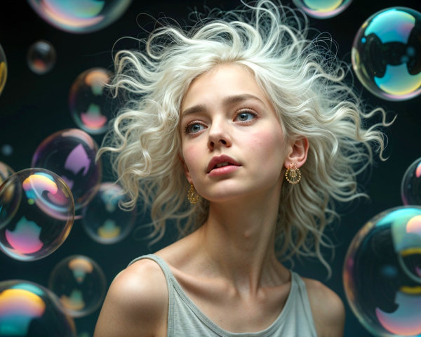 Portrait of a Young Woman with Platinum Hair and Bubbles